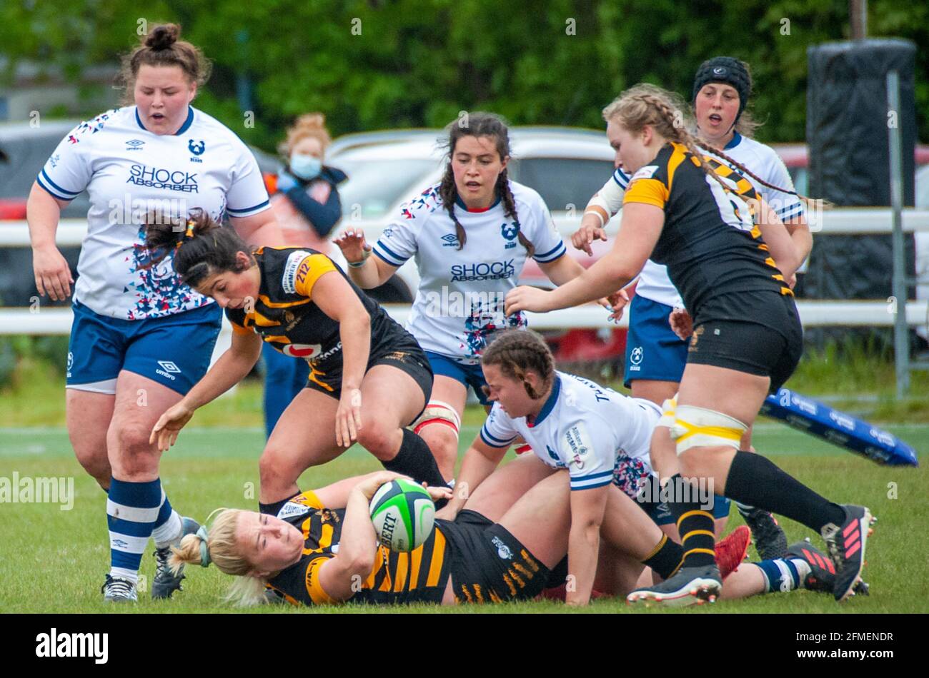 London, Großbritannien. Mai 2021. Clidohna Moloney (Clidonha Moloney Wesps #2) wurde während des Spiels der Allianz Premier 15 zwischen Wespen Women & Bristol Bears auf dem Twyford Avenue Sports Ground in London, England, niedergeschlagen.Quelle: SPP Sport Press Foto. /Alamy Live News Stockfoto