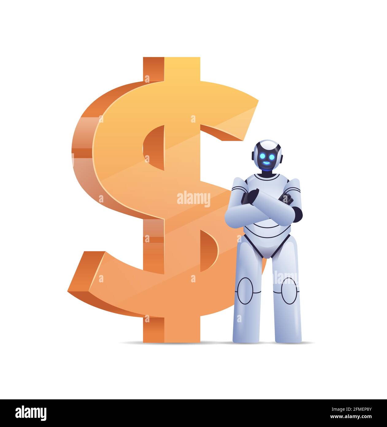Roboter in der Nähe von Dollar Symbol Geld sparen hohe Einkommen Investitionen verdienen Künstliches Finanzwachstum Stock Vektor