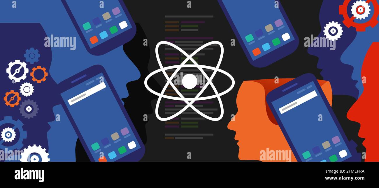 Reagieren native mobile Programmierung Codierung Entwickler Software Smartphone Zahnräder Linie Des Codes Stock Vektor