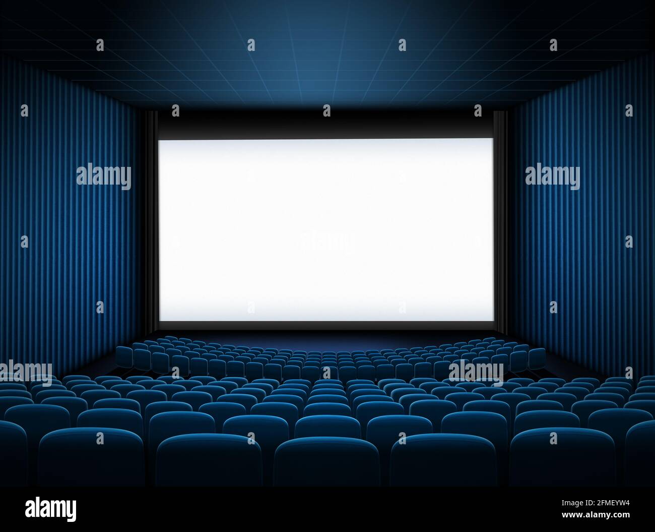 Kinosaal mit großer Leinwand und blauer 3D-Darstellung der Sitze Stockfoto