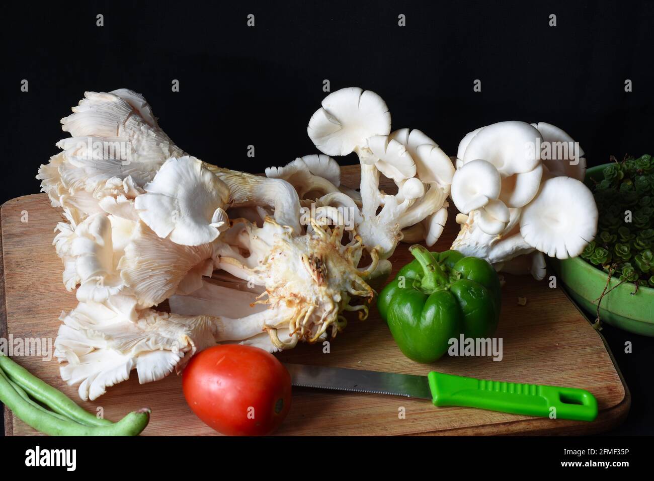 Frisch zupfte weiße Austernpilze mit Tomaten, Bohnen und Paprika Stockfoto