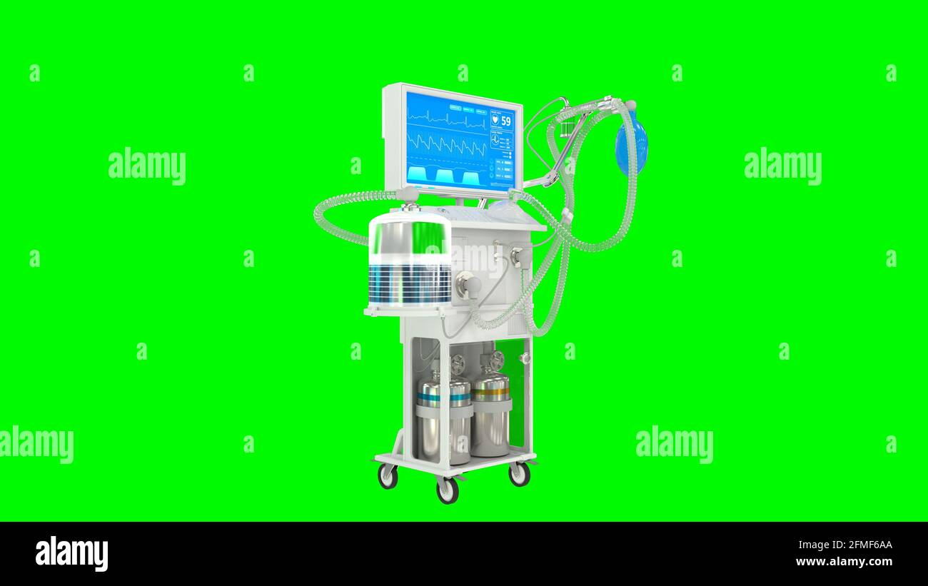 Das ICU Covid-Beatmungsgerät 3d rendert isoliert auf einer grünen medizinischen 3d-Illustration Stockfoto