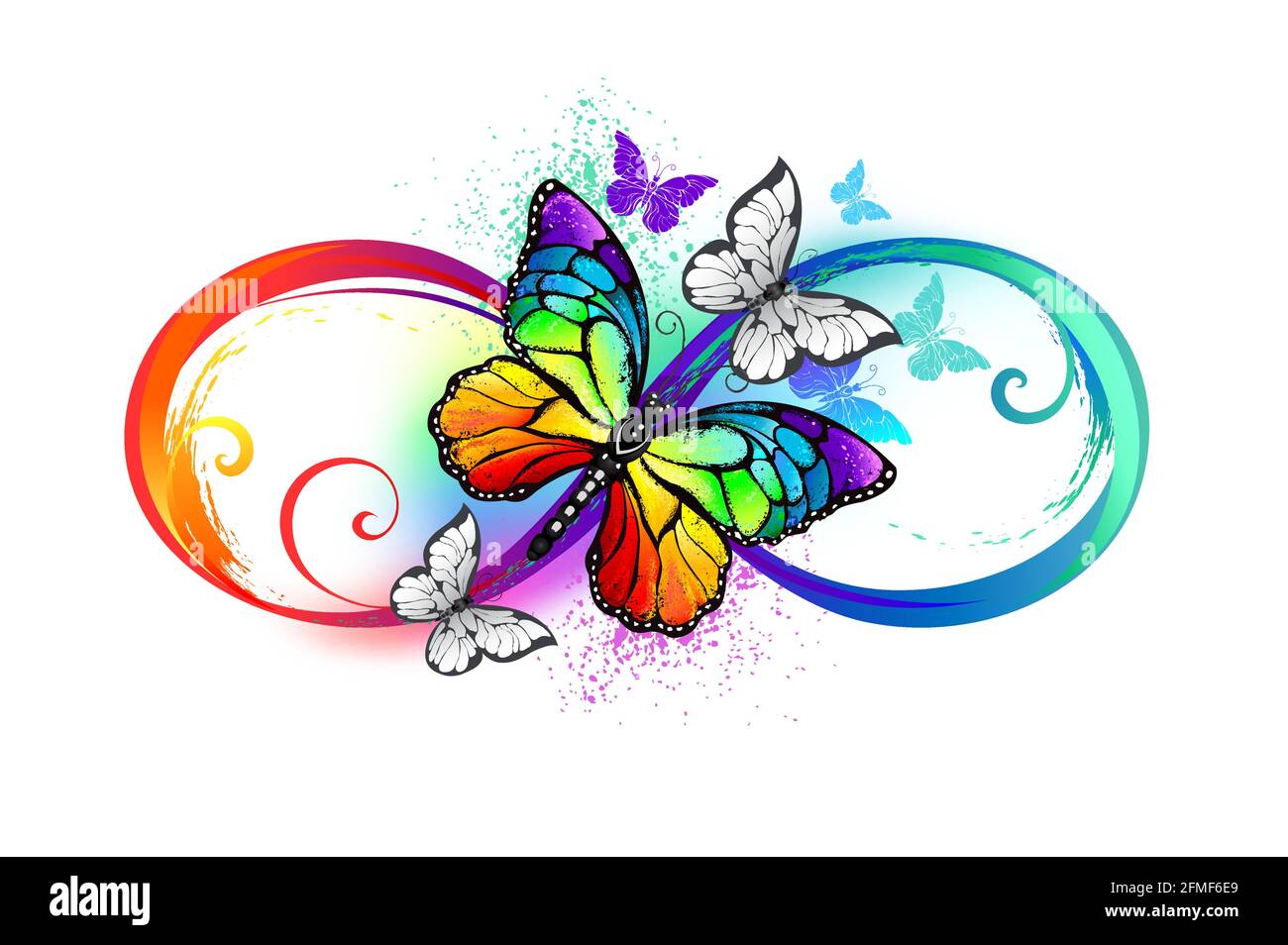 Mehrfarbiger, heller Regenbogen-Symbol der Unendlichkeit mit Regenbogen, detaillierter Schmetterlingsmonarch auf weißem Hintergrund. Regenbogenschmetterling. Stock Vektor