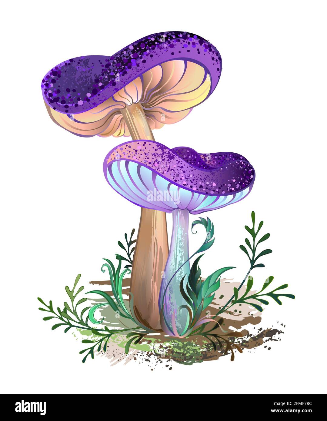 Zwei künstlerisch gezeichnete, realistische, reife Pilze mit purpurroten Strukturkappen mit grünem Moos auf weißem Hintergrund. Fabelhafte Pilze. Stock Vektor