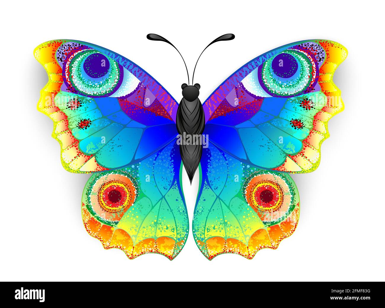 Regenbogen, realistisch, künstlerisch gezeichnet, helle Farben Pfau Schmetterling mit strukturierten detaillierten Flügeln auf weißem Hintergrund. Regenbogenschmetterling. Stock Vektor