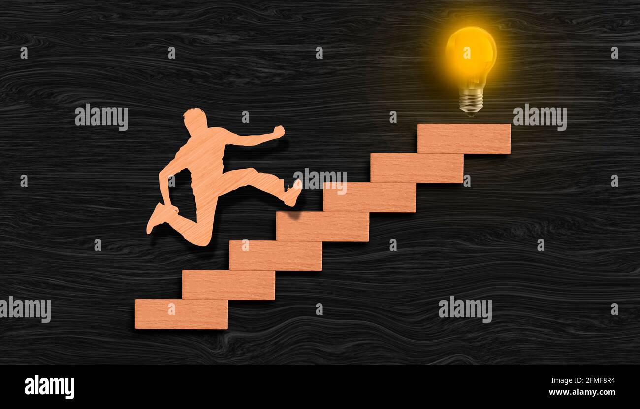 Junger Mann aufsteigende Grafik-Chart zu erreichen Glühbirne glühende Glühbirne auf der Oberseite (seine Idee Realisierung), Erfolg Prozess Konzept, Zielerreichung Stockfoto