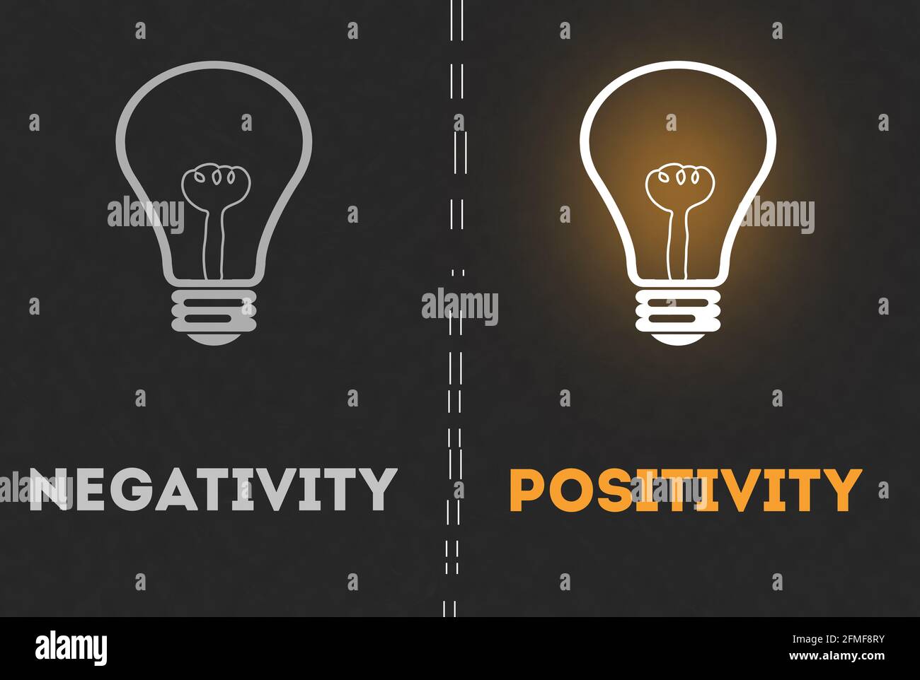 Negativitäts- oder Positivitätskonzept mit hellem, ig-grauem Hintergrund Konzeptlampe Stockfoto
