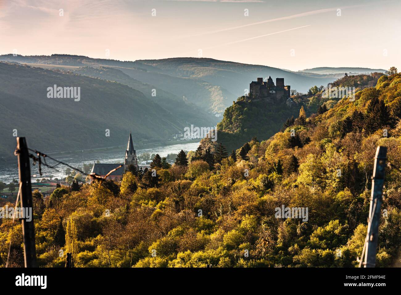 Schloss Schönburg und Liebfrauenkirche im Morgengrauen, Oberwesel, rheintal, Deutschland, Europa Stockfoto