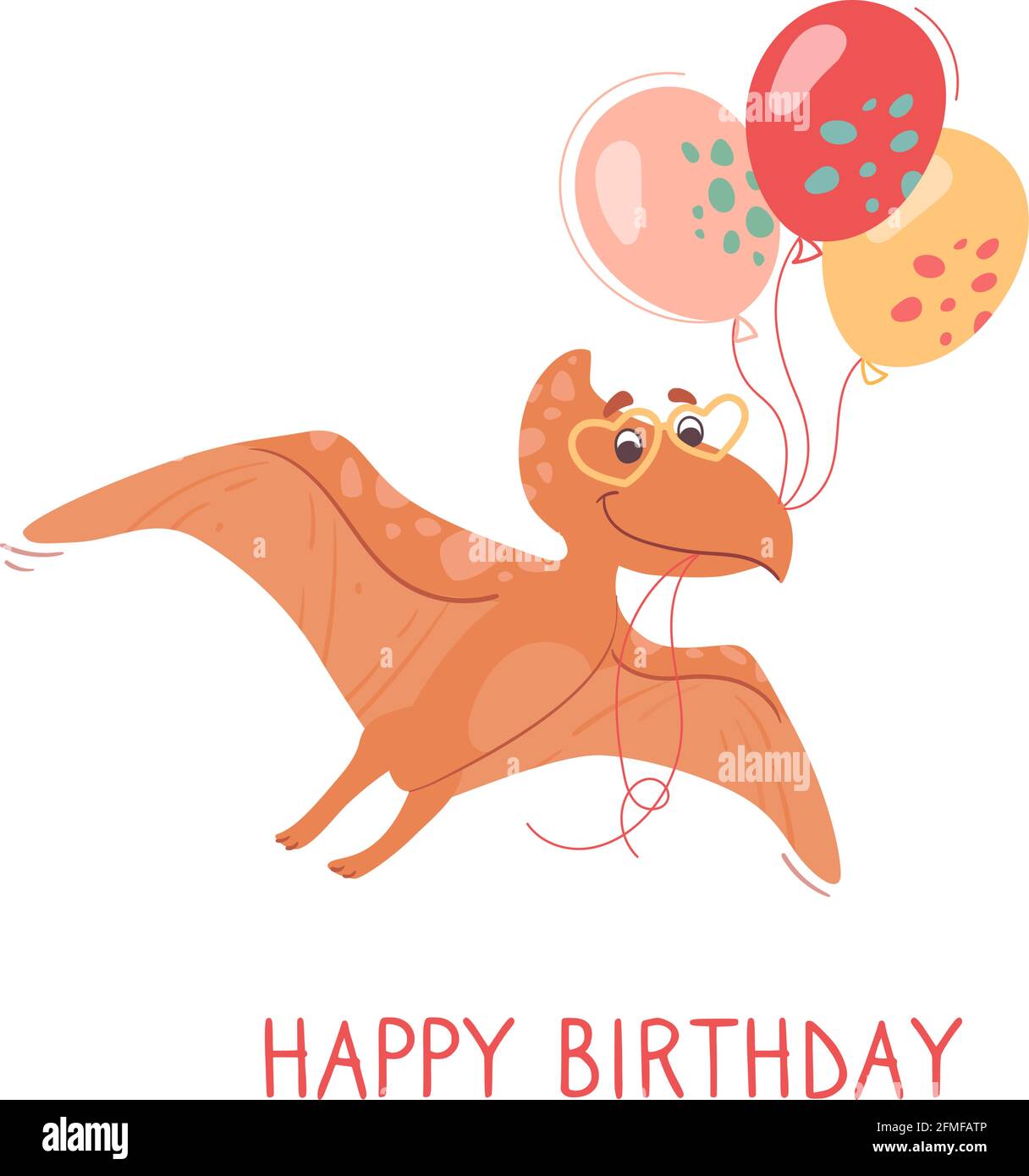 Geburtstagskarte für Babys. Ein süßes pteranodon fliegt mit Ballons und trägt eine herzförmige Sonnenbrille. Lustige Vektor-Postkarte mit einem Dinosaurier für Kinder, weißer Hintergrund Stock Vektor
