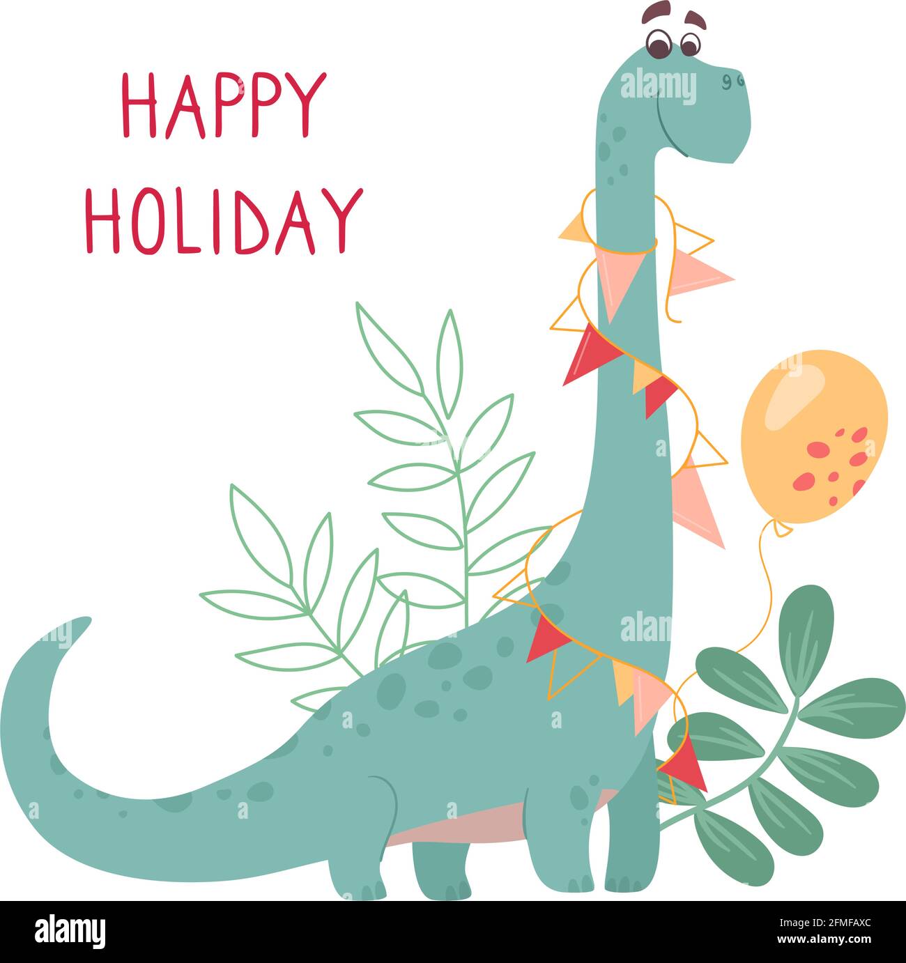 Lustiger grüner Brontosaurus auf einer Grußkarte. Dinosaurier, Bunting and Balloon Festival. Kinder Vektor-Postkarte zum Drucken, weißer Hintergrund Stock Vektor