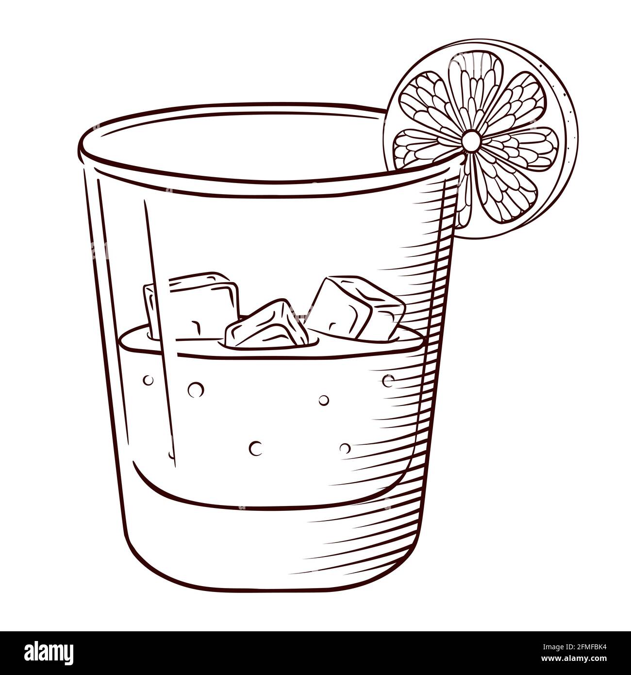Soda oder alkoholisches Getränk mit halber Zitrusvektordarstellung. Ein Glas Whiskey und Cola mit Eis Stock Vektor
