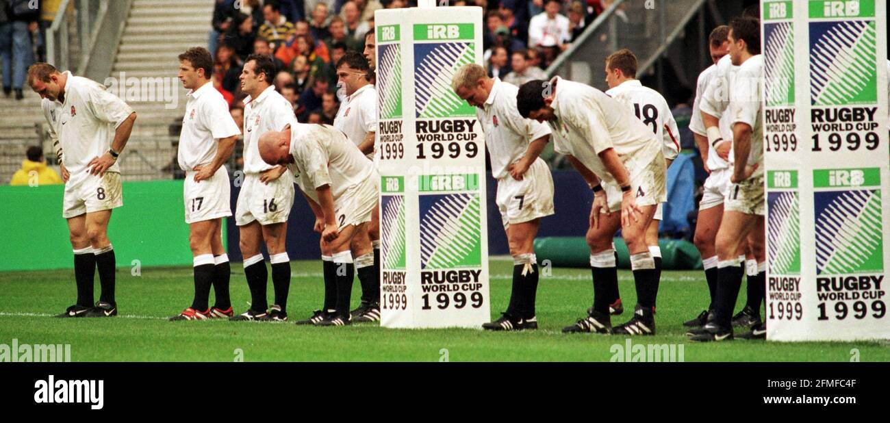 England nach dem letzten südafrikanischen Versuch Oktober 1999during die Rugby Union World Cup 1999 Spiel in Paris Stockfoto