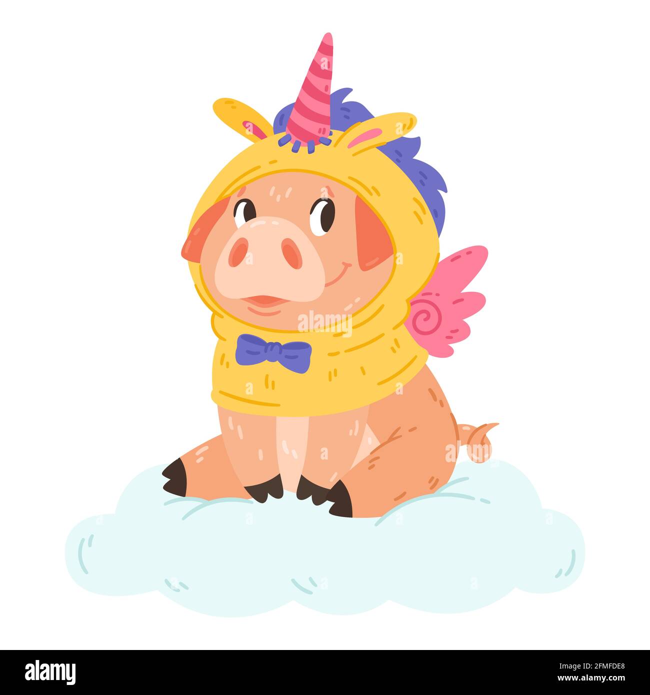 Niedliches Schwein im Einhorn Kostüm mit Horn und Flügeln auf der Wolke sitzend. Vektor buntes Design Charakter Illustration für Druck Grußkarten und Postkarten Stock Vektor