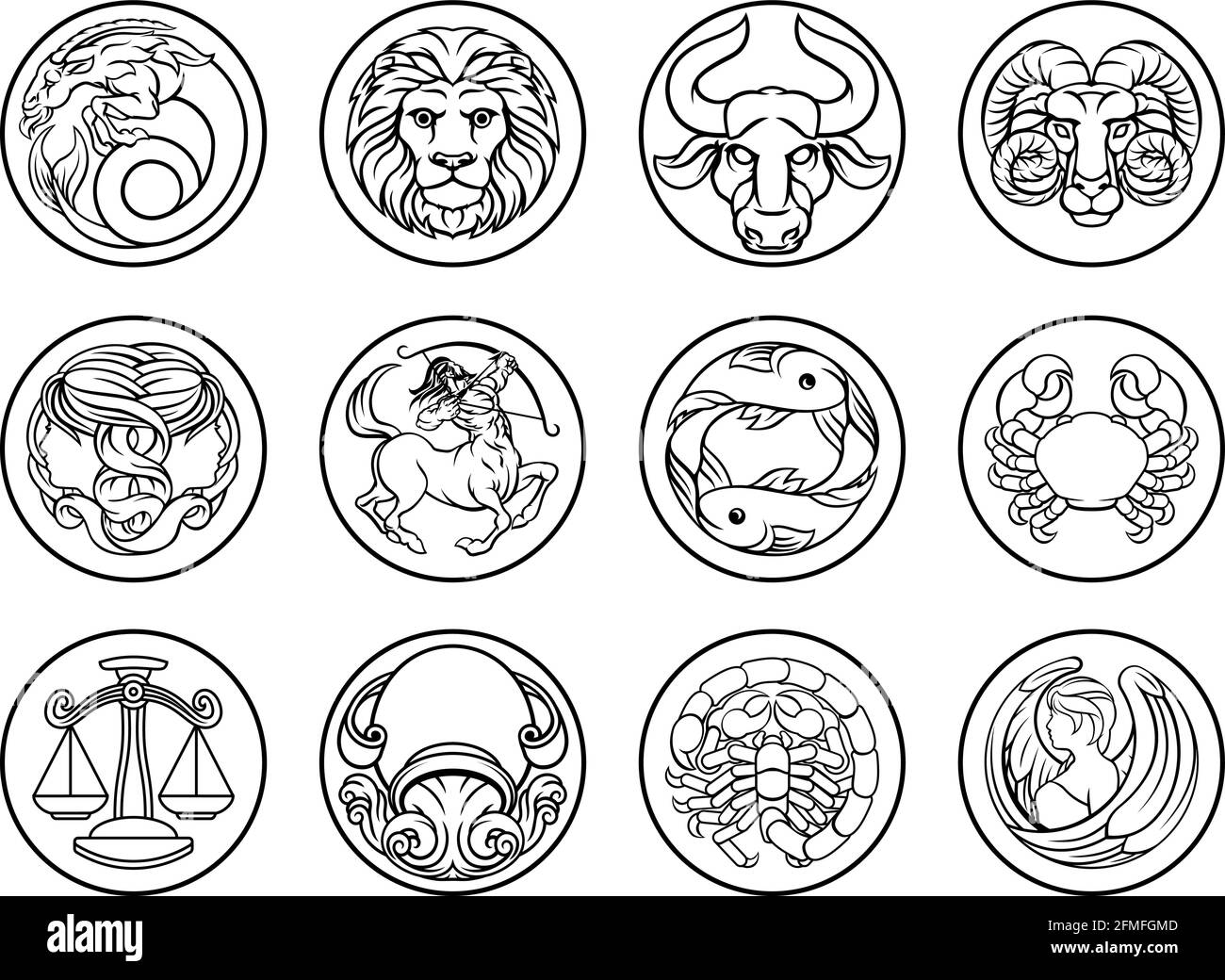 Horoskop Astrologie Sternzeichen Sternzeichen Symbol gesetzt Stock Vektor