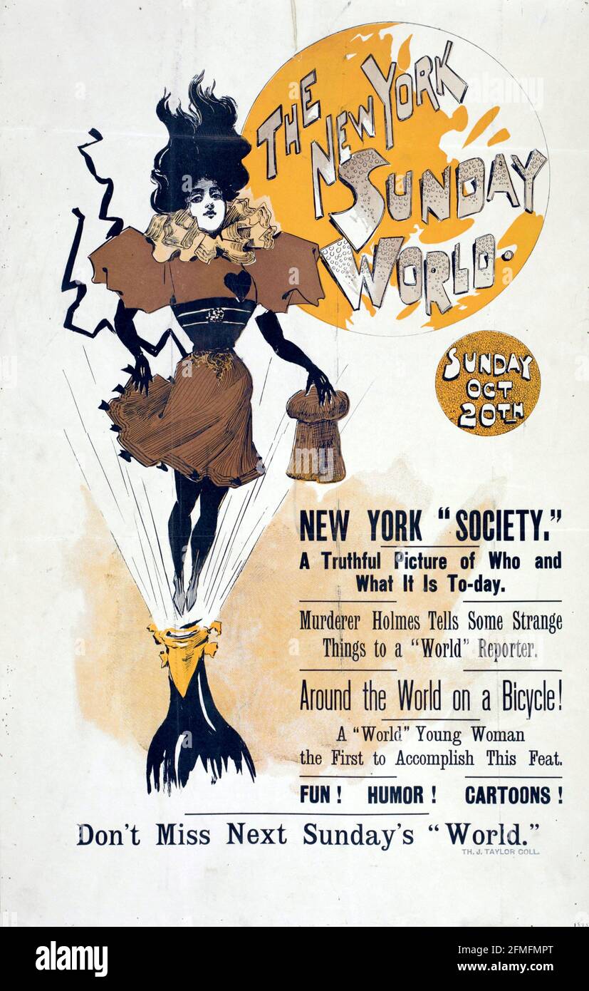 Cover für die New York Sunday World, Ende des 19. Jahrhunderts, Anfang des 19. Jahrhunderts. Wunderschöner Jugendstil. Lustige Kunst zum Herunterladen. Stockfoto