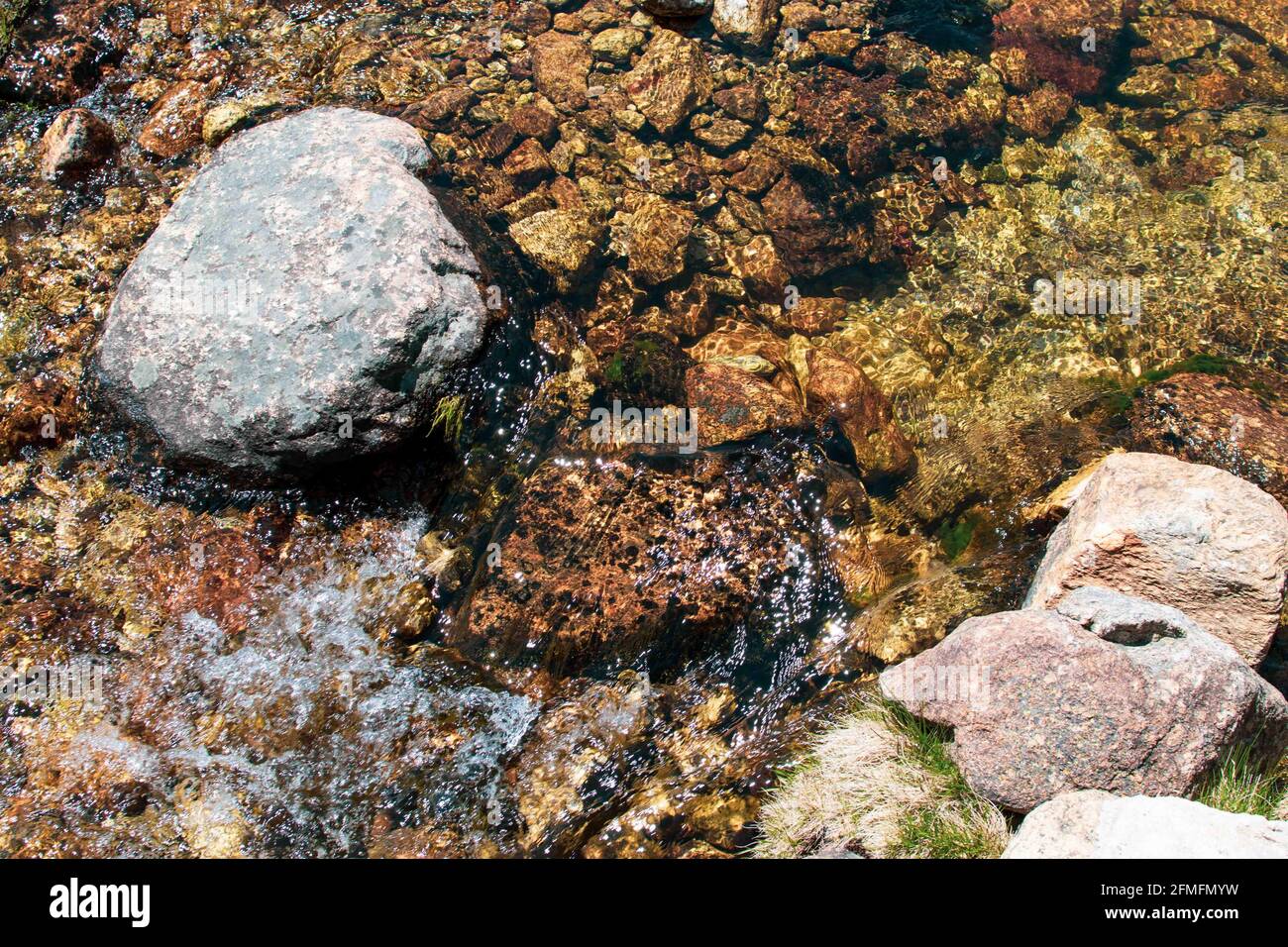 Nahaufnahme des Wassers, das durch einen Bach mit großen Steinen fließt. Stockfoto