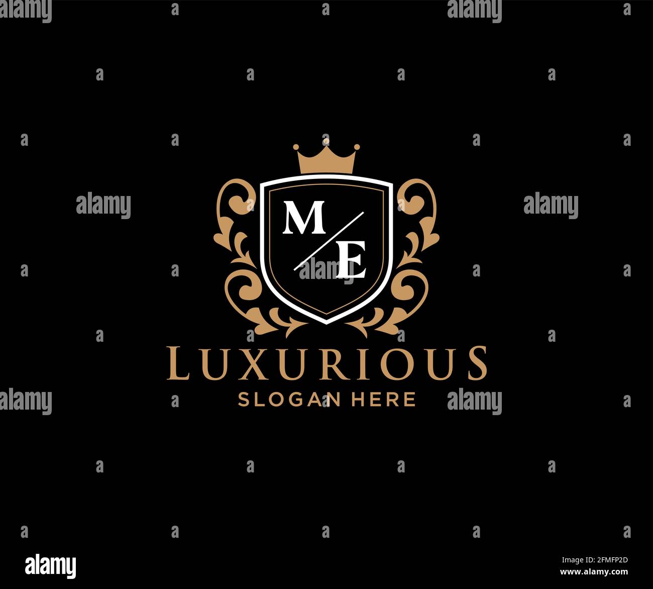 ME Letter Royal Luxury Logo Vorlage in Vektorgrafik für Restaurant, Royalty, Boutique, Cafe, Hotel, Heraldisch, Schmuck, Mode und andere Vektor illustrr Stock Vektor