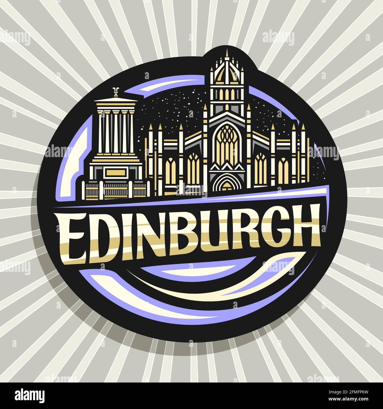 Vektor-Logo für Edinburgh, schwarzes Dekorationsetikett mit Umriss-Illustration der stadtlandschaft von edinburgh auf dem Hintergrund des Abendhimmels, Kunstdesign Kühlschrankmagnet w Stock Vektor