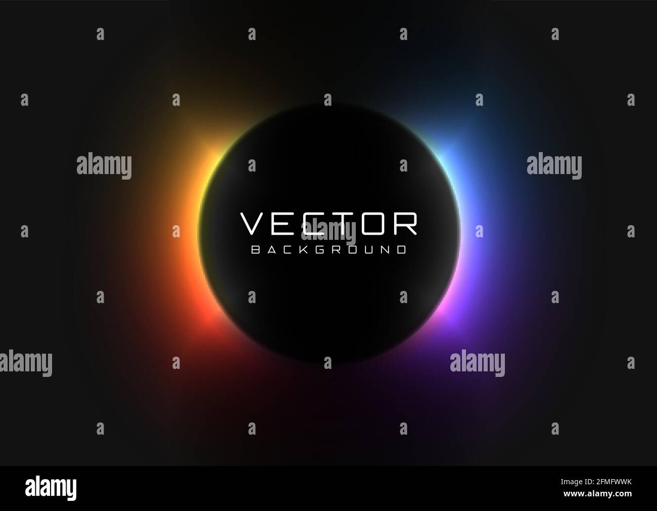 Abstrakter Hintergrund mit lebhaftem, farbenprächtiges Neon-Licht hinter dem schwarzen Kreis. Eclipse-Konzept. Design von Banner, Poster, Flyer für den Cybersport und Stock Vektor