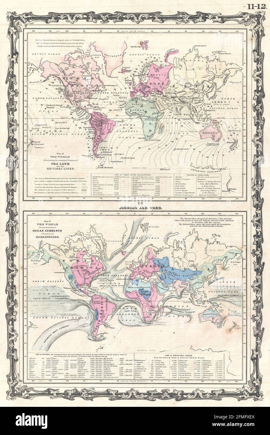 Historische Kupferstich-Landkarte der Welt aus dem 19. Jahrhundert. Alle Karten sind wunderschön farbig und illustriert und zeigen die Welt zu dieser Zeit. Stockfoto