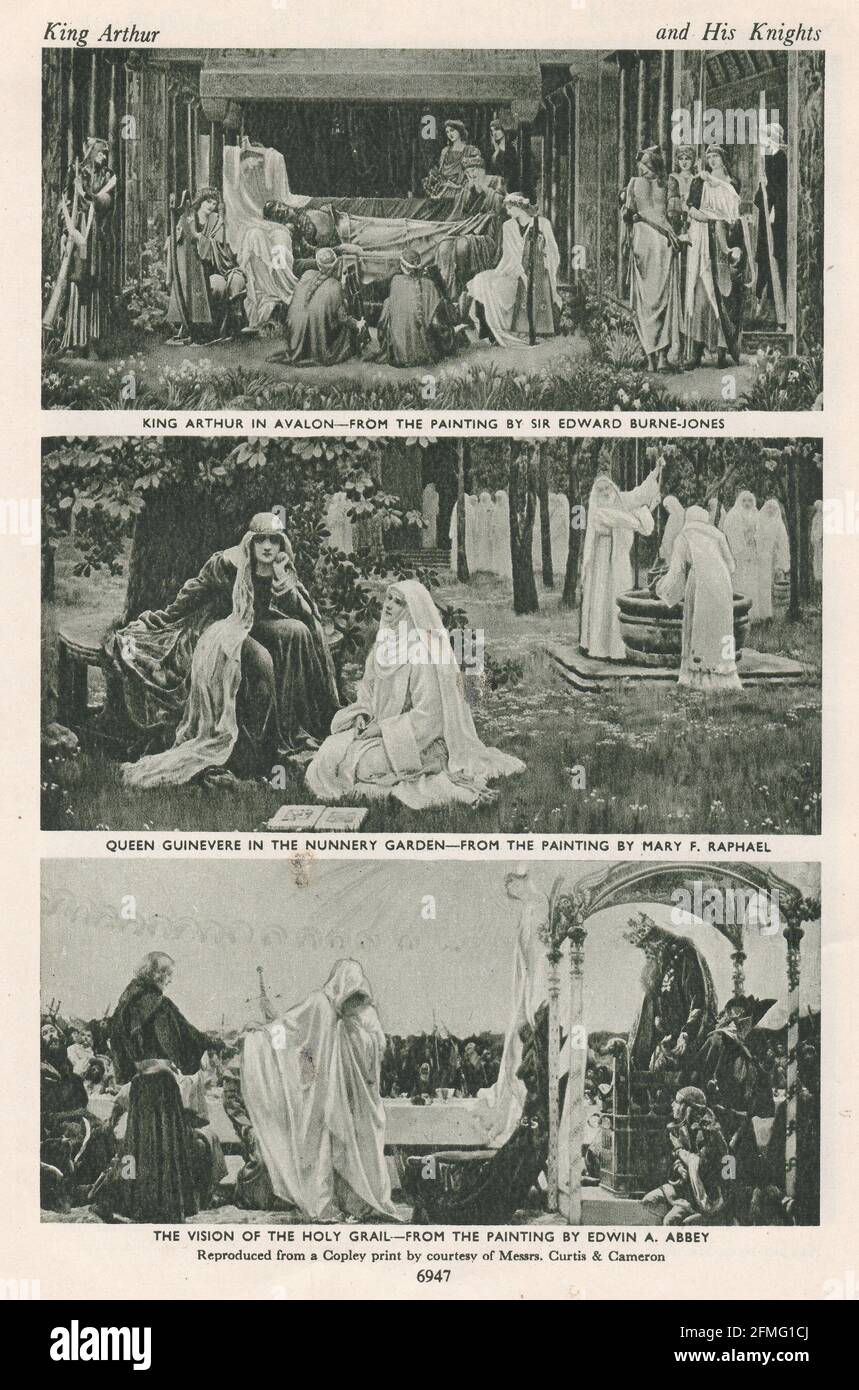 König Arthur und seine Ritter - König Arthur in Avalon, Königin Guinevere im Nonnenkloster-Garten und die Vision des Heiligen Grals. Stockfoto