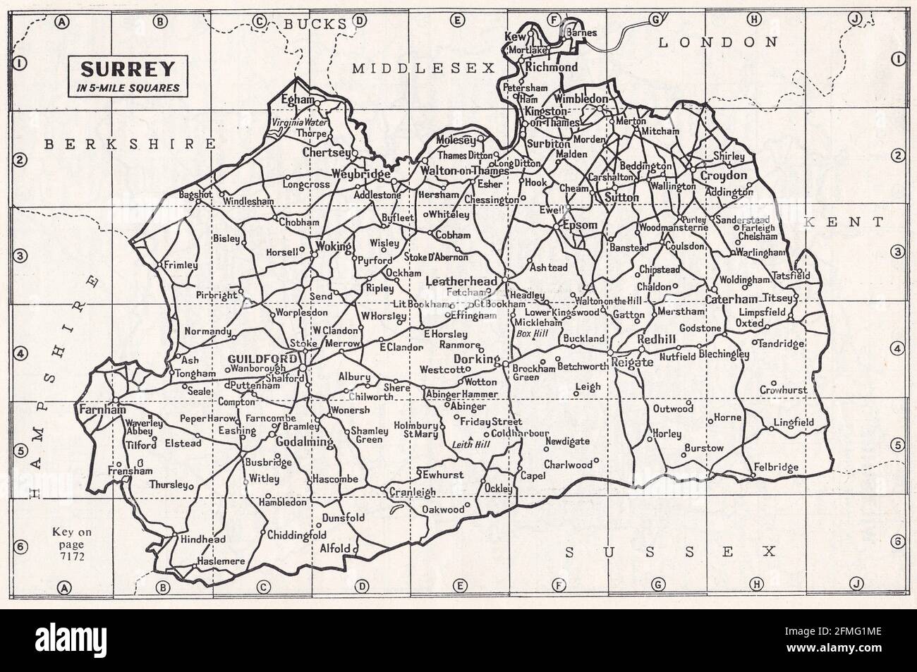 Vintage-Karte von Surrey, UK 1930er Jahre Stockfoto