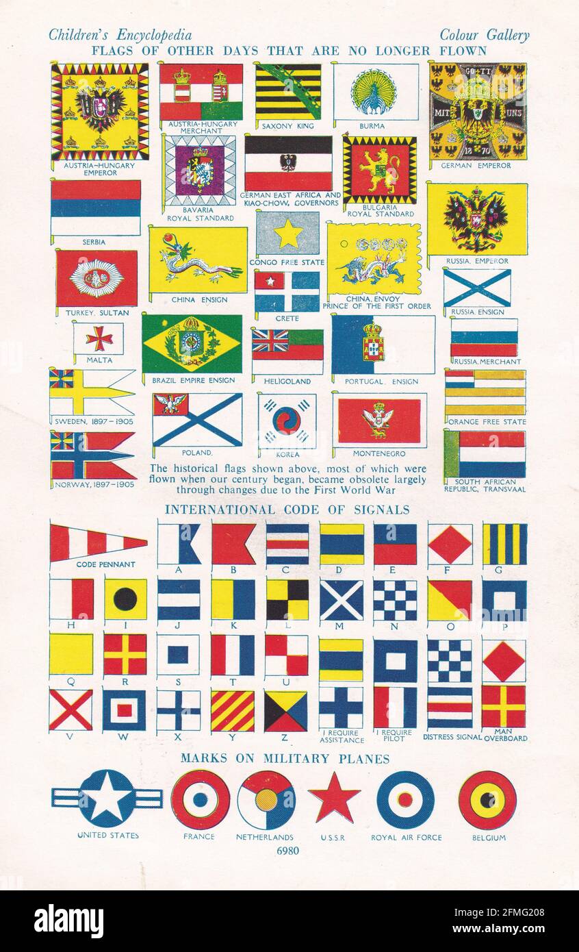 Flaggen, die nicht mehr fliegen / International Code of Signals / Markierungen auf Militärflugzeugen 1940er Jahre. Stockfoto