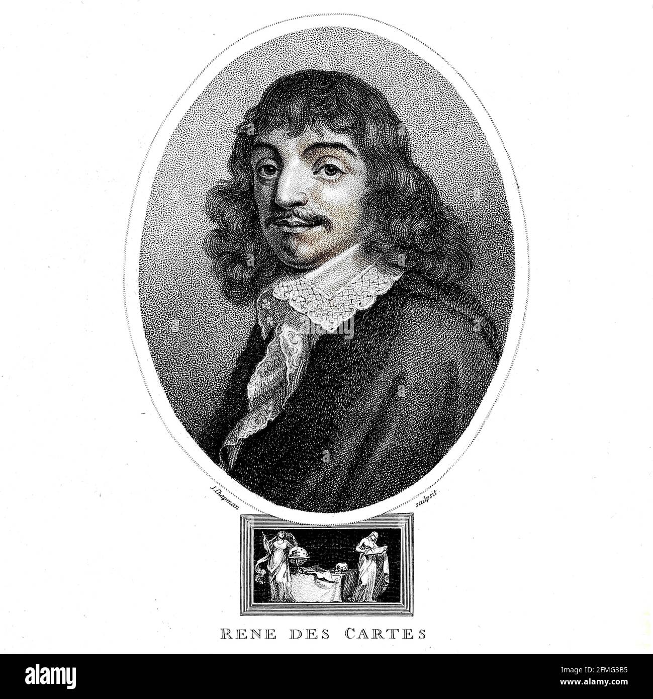 Portrait von René Descartes [hier als Rene des Cartes] (31. März 1596 – 11. Februar 1650[) war ein in Frankreich geborener Philosoph, Mathematiker, Und Wissenschaftler, der einen großen Teil seines Arbeitslebens in der Niederländischen Republik verbrachte und zunächst der niederländischen Bundesarmee von Maurice von Nassau, Prinz von Oranien und dem Stadthalter der Vereinigten Provinzen diente. Descartes, eine der bemerkenswertesten intellektuellen Persönlichkeiten des Goldenen Zeitalters der Niederlande, gilt auch weithin als einer der Begründer der modernen Philosophie. Kupferstich aus der Encyclopaedia Londinensis oder, Universal Dictionary of Arts, Sciences, and lite Stockfoto