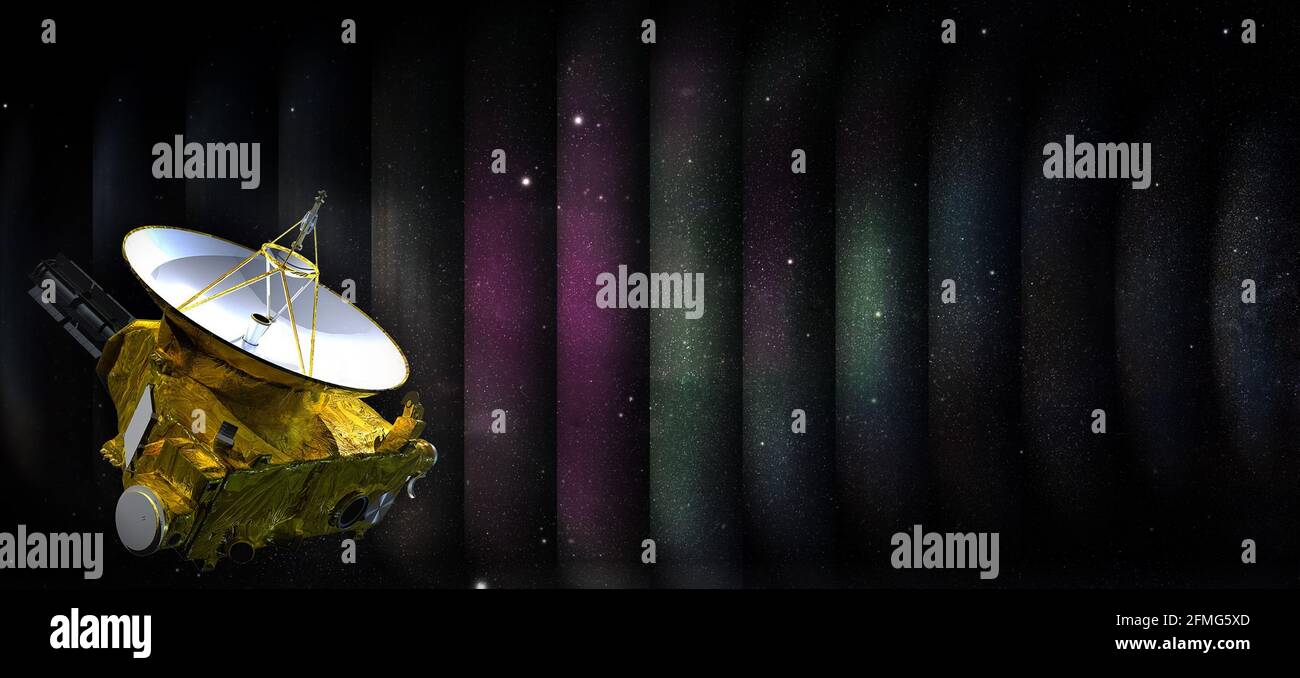 Collage eines Raumschiffteleskops auf dem Hintergrund von Streifen in Form von Lamellen einer Galaxie mit Sternen mit Kopierraum. Elemente dieses Bildes Fu Stockfoto