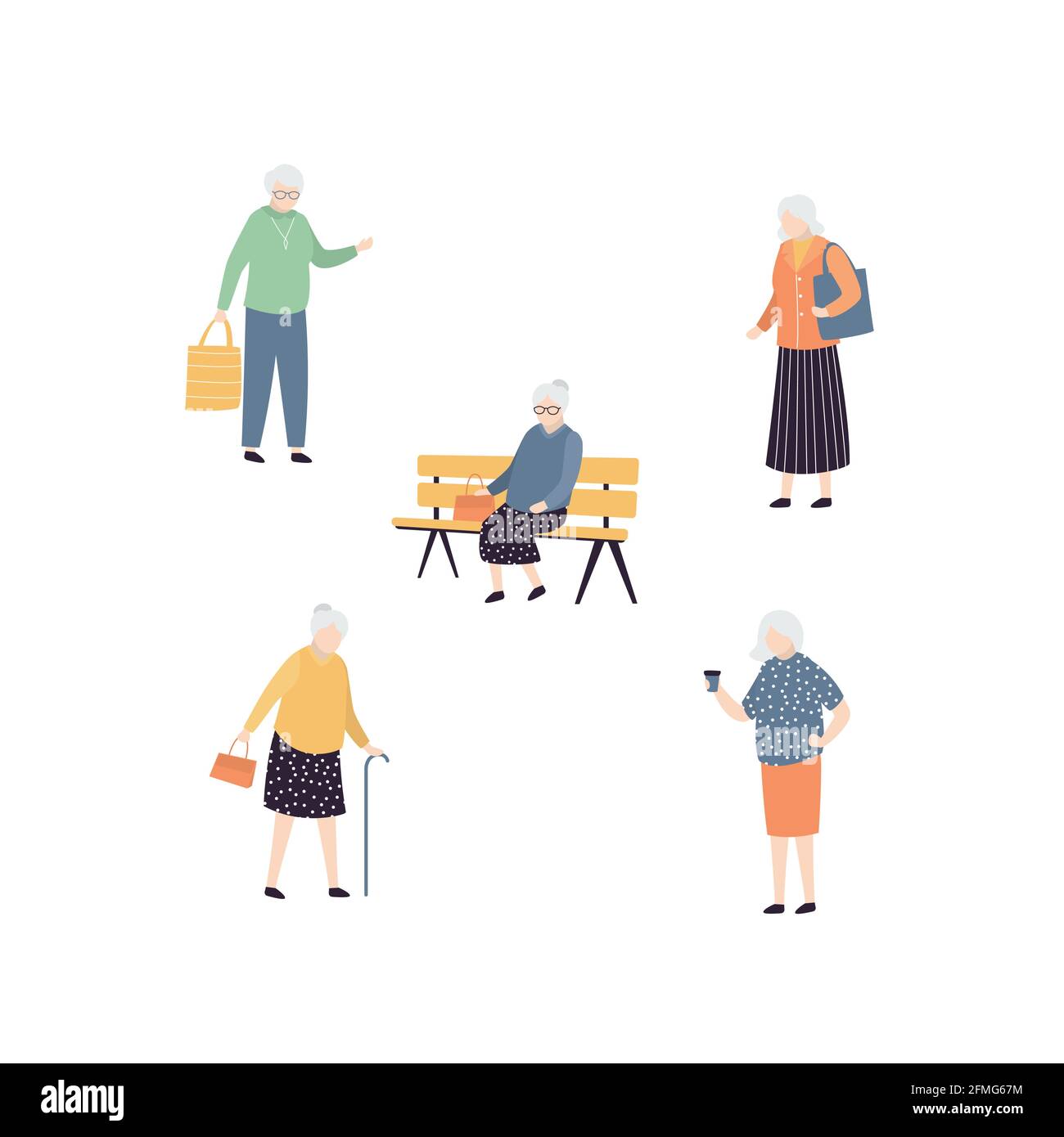Gruppe älterer Menschen. Sammlung alter weiblicher Charaktere in verschiedenen Posen. Cartoon Großmutter Personen in weißem Hintergrund isoliert. Modisch Stock Vektor
