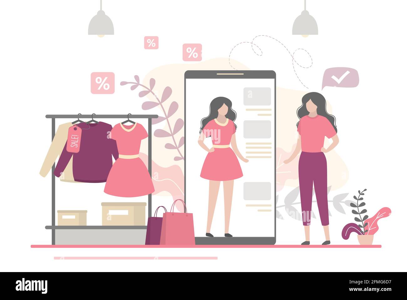 Beauty Frau versucht auf Dinge in virtuellen Umkleideraum. App auf dem Handy ist eine Online-Umkleidekabine. Banner mit neuen Modetechnologien. Internet Stock Vektor