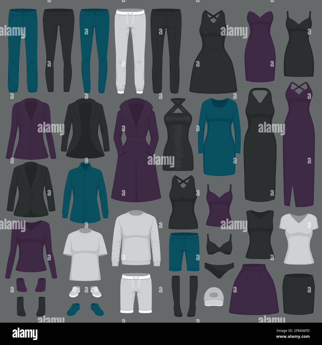 vektor-Illustration von Set Frauen Mode Kleidung, Kleid, Hemd, Schuhe, Jeans, Jackenkollektion Stock Vektor