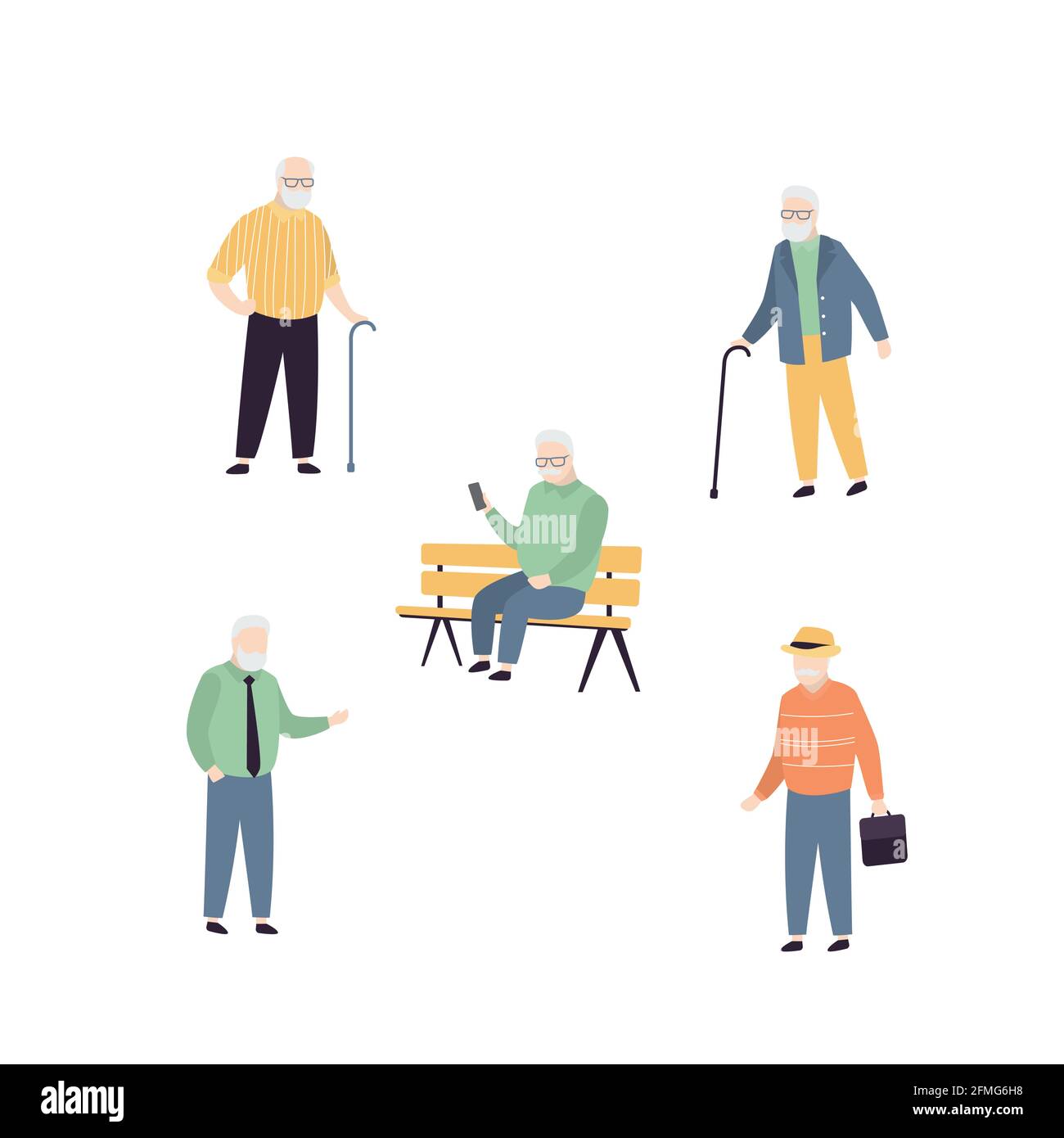Gruppe älterer Menschen. Sammlung alter männlicher Charaktere in verschiedenen Posen. Cartoon Großvater Personen in weißem Hintergrund isoliert. Modisch ol Stock Vektor