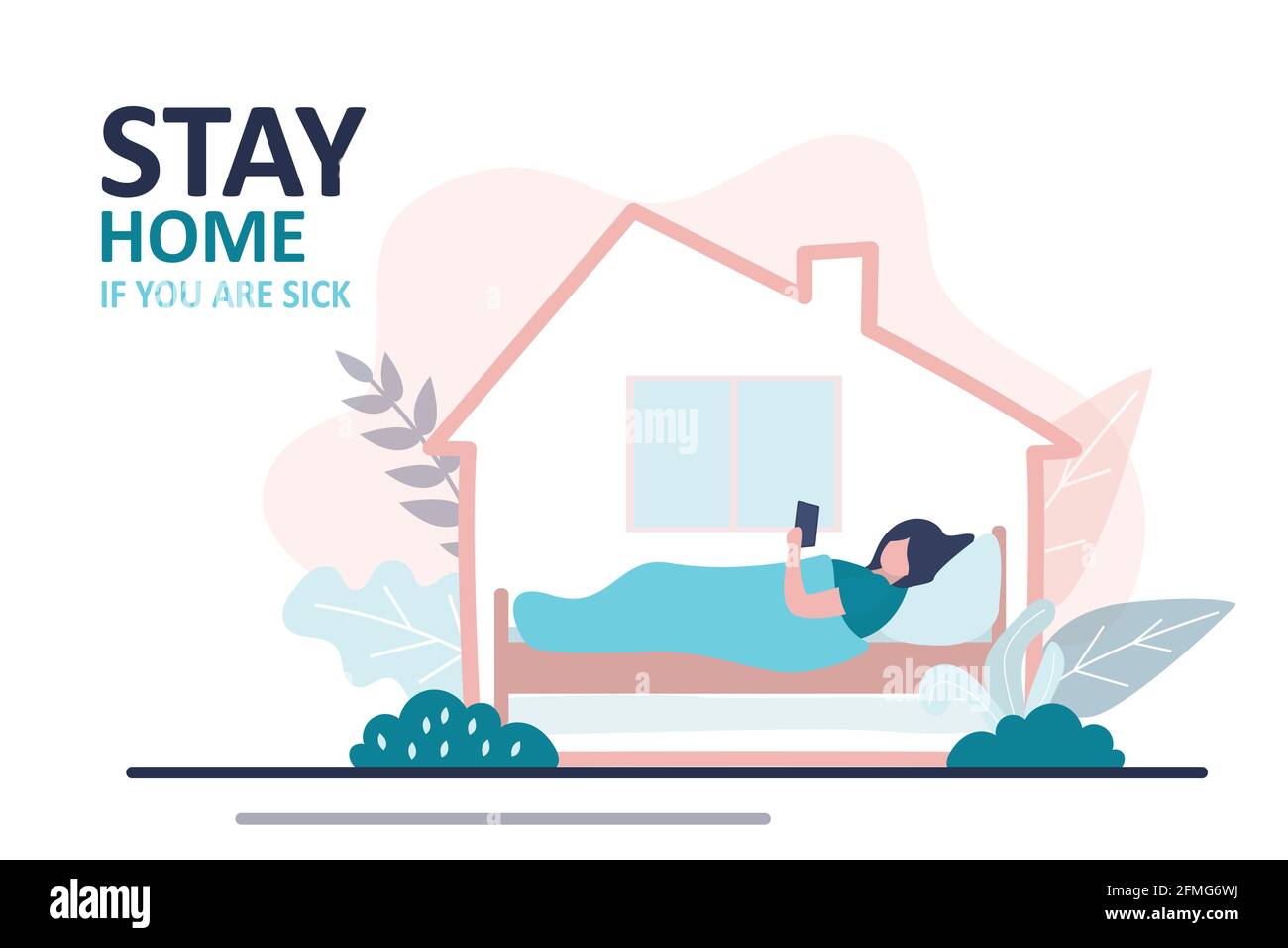 Bleiben Sie zu Hause, wenn Sie krank sind. Frau zu Hause, krankes Mädchen liegt im Bett. Quarantäne oder Selbstisolierung. Healthcare Concept Banner. Globale Virusinfektion. Coro Stock Vektor