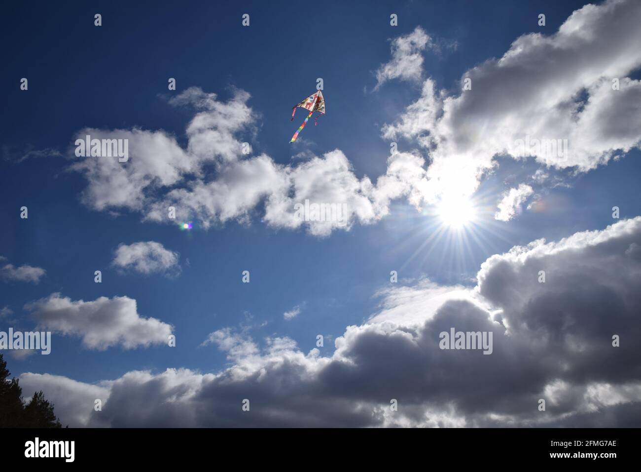 Ein Drachen, der hoch am blauen Himmel fliegt. Stockfoto