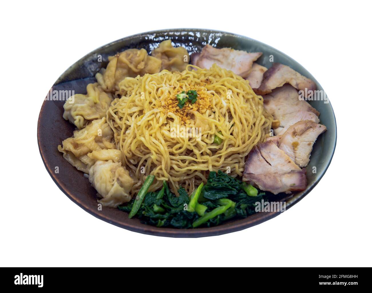 Eiernudel mit gebratenem Schweinefleisch und Wonton in Platte isoliert auf weißem Hintergrund mit Schneideweg. Kantonesische chinesische Küche, selektiver Fokus. Stockfoto