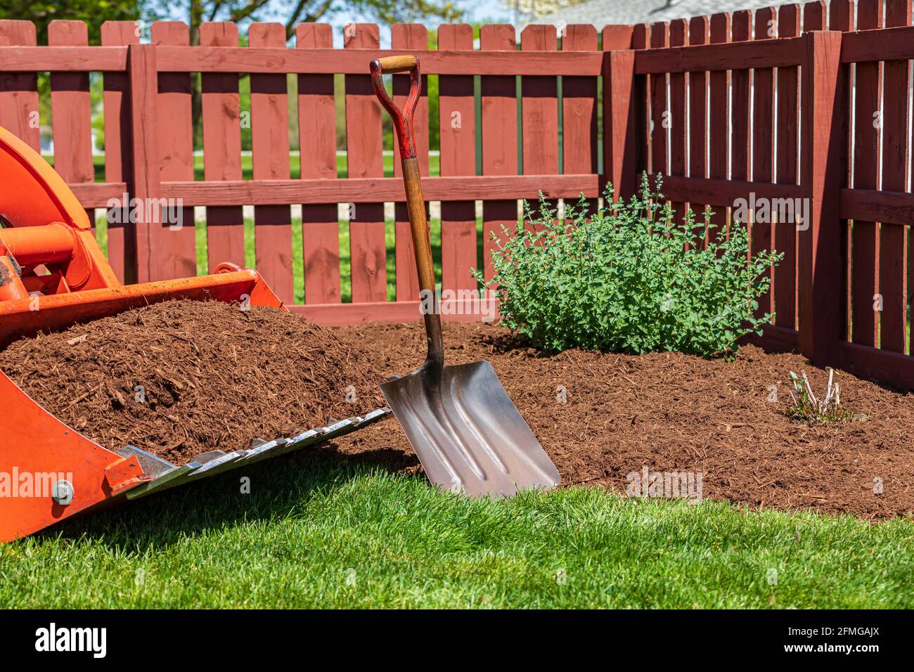 Traktorlader mit Hackschnitzel oder Mulch und Blumenbeet. Konzept für Rasenpflege, Gartenbau und Gartenbau Stockfoto