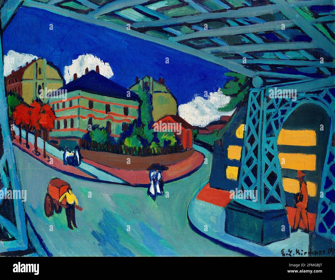 Ernst Ludwig Kirchner Kunstwerk - Eisenbahnbrücke an der Löbtauer Straße in Dresden. Stockfoto