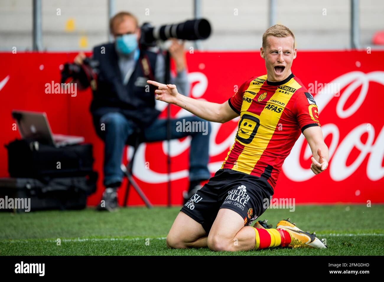 Mechelen's Nikola Storm feiert nach einem Treffer bei einem Fußballspiel zwischen KV Mechelen und KV Oostende, Sonntag, 09. Mai 2021 in Mechelen, am Tag 2 Uhr Stockfoto