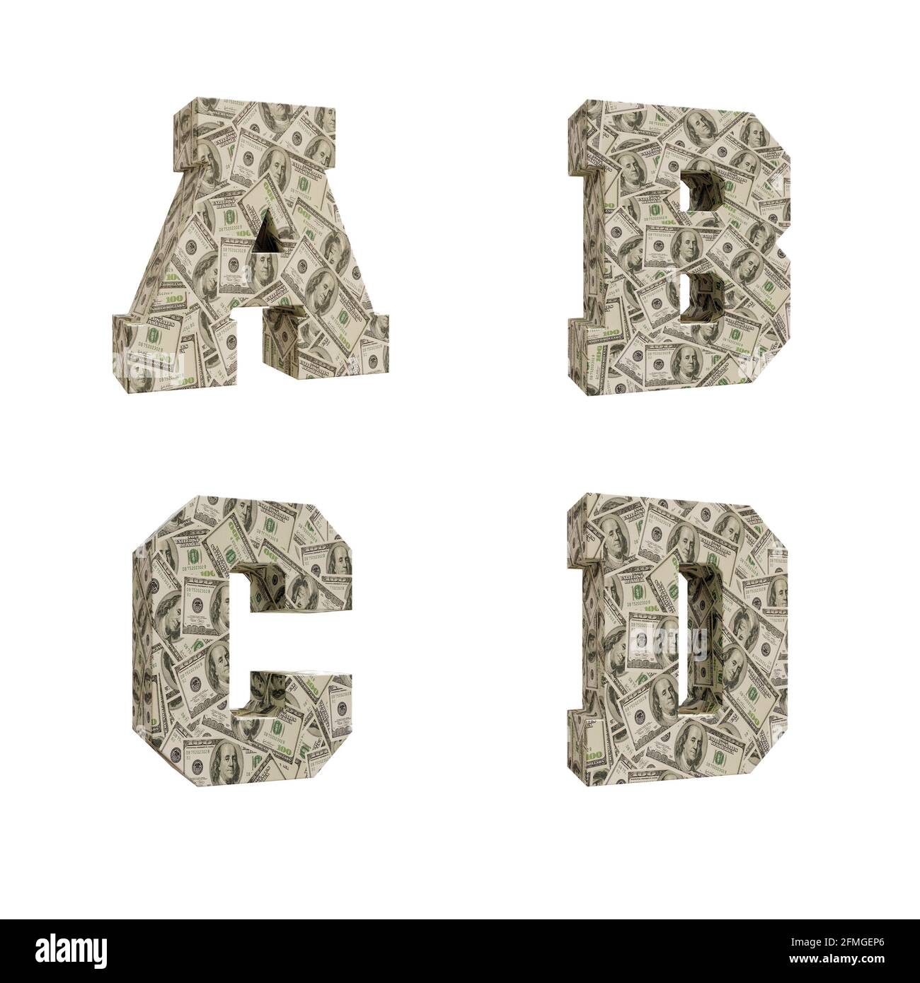 3D-Darstellung von Großbuchstaben Alphabet umwickelt mit 100 USD-Banknoten, Buchstaben A-D Stockfoto