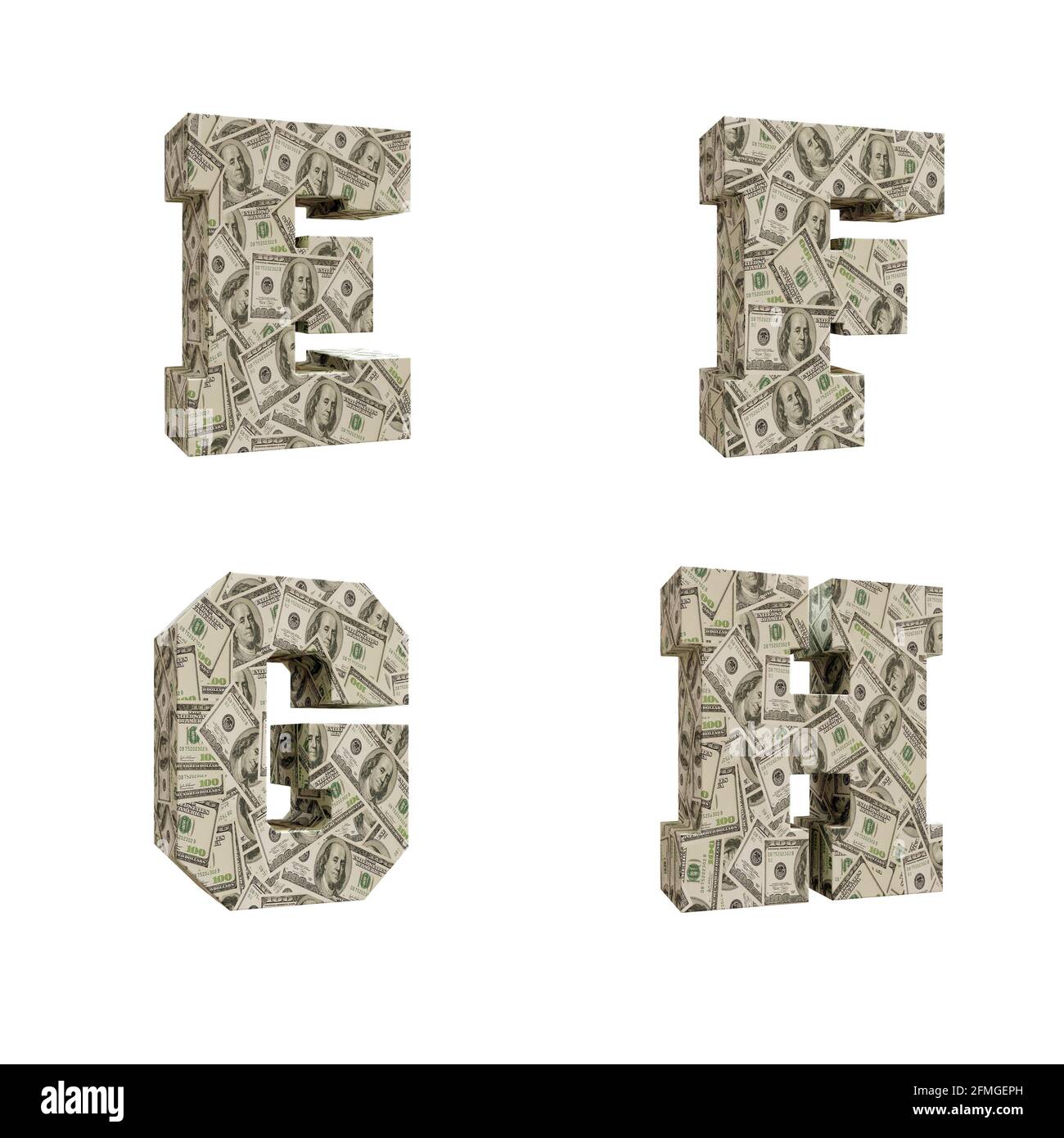 3D-Darstellung von Großbuchstaben Alphabet umwickelt mit 100 USD-Banknoten, Buchstaben E-H Stockfoto