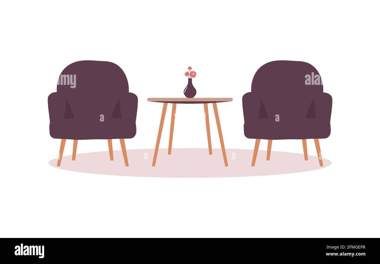 Zwei burgunderrote Sessel mit Holzbeinen und ein Couchtisch mit Blumenvase. Die Möbel für ein gemütliches Wohnzimmer, eine Hotellobby oder eine Bank sind isoliert Stockfoto