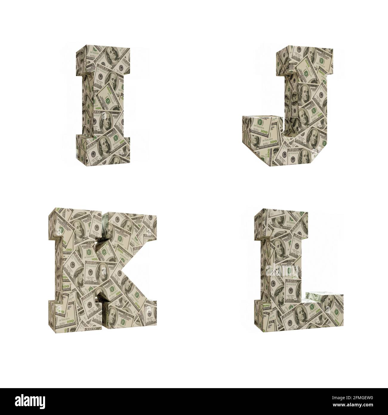 3D-Darstellung von Großbuchstaben Alphabet umwickelt mit 100 USD-Banknoten, Buchstaben I-L Stockfoto