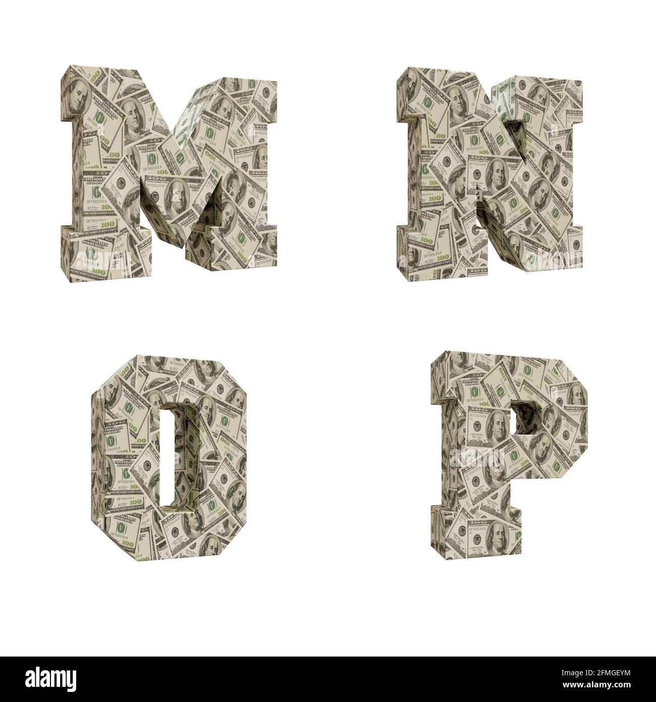 3D-Darstellung von Großbuchstaben Alphabet umwickelt mit 100 USD-Banknoten, Buchstaben M-P Stockfoto