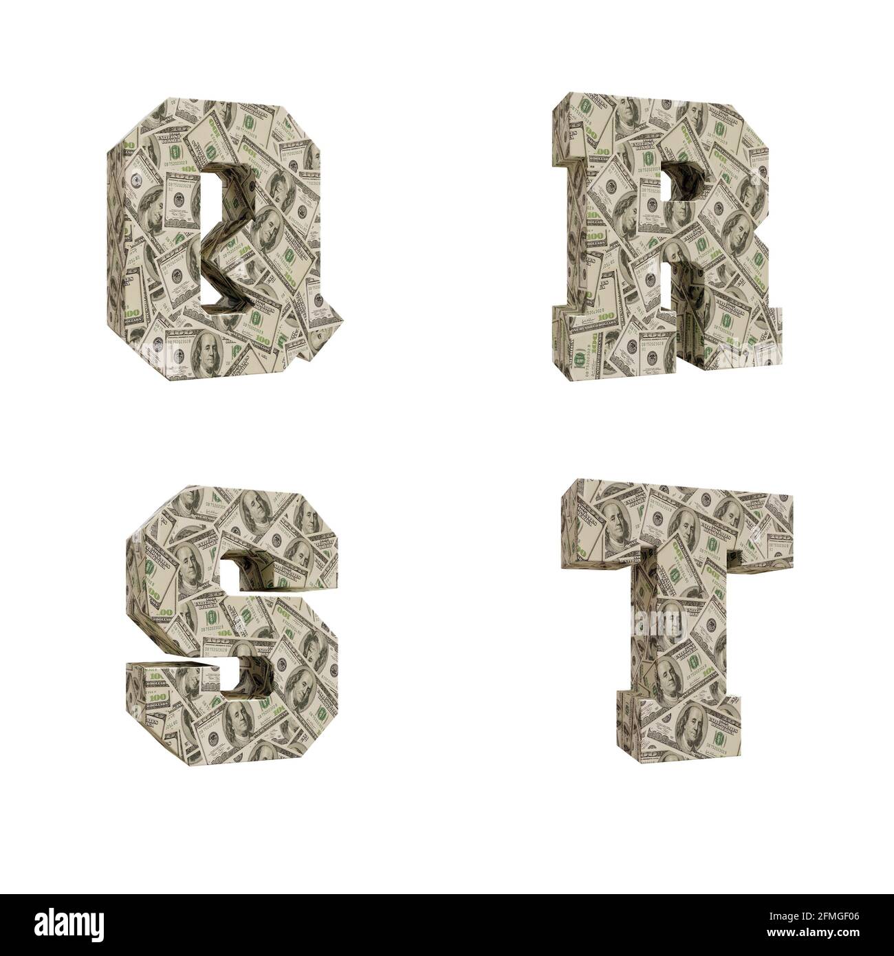 3D-Darstellung von Großbuchstaben Alphabet umwickelt mit 100 USD-Banknoten, Buchstaben Q-T Stockfoto