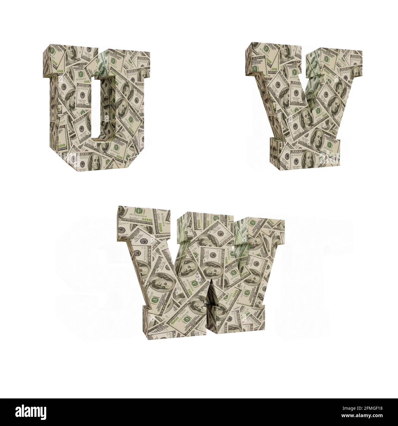 3D-Darstellung von Großbuchstaben Alphabet umwickelt mit 100 USD-Banknoten, Buchstaben U-W Stockfoto