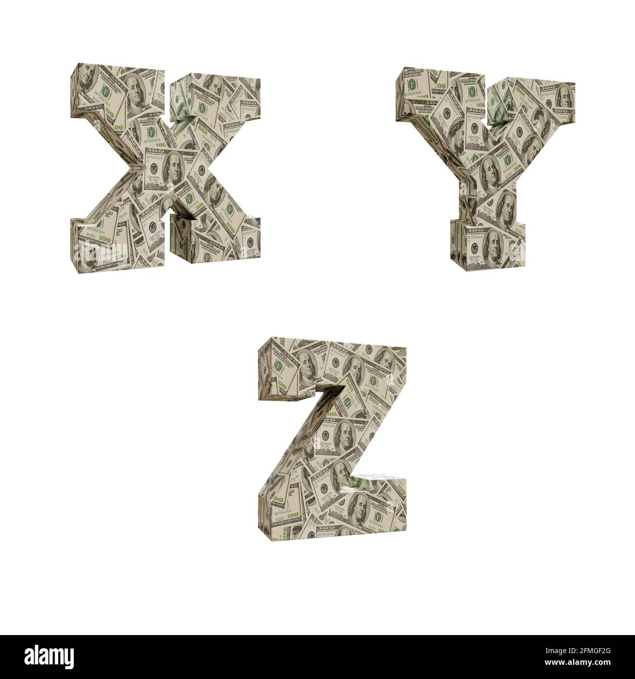 3D-Darstellung von Großbuchstaben Alphabet umwickelt mit 100 USD-Banknoten, Buchstaben X-Z Stockfoto