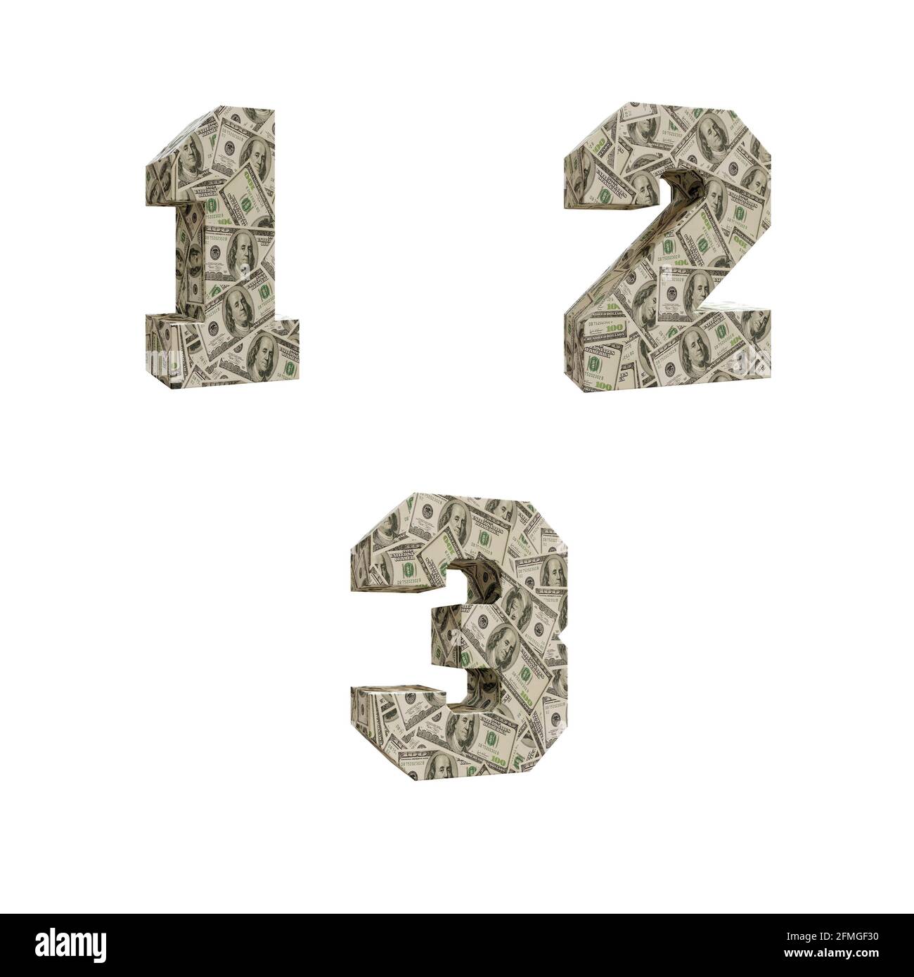 3D-Darstellung von Großbuchstaben Alphabet umwickelt mit 100 USD-Banknoten, Ziffern 1-3 Stockfoto