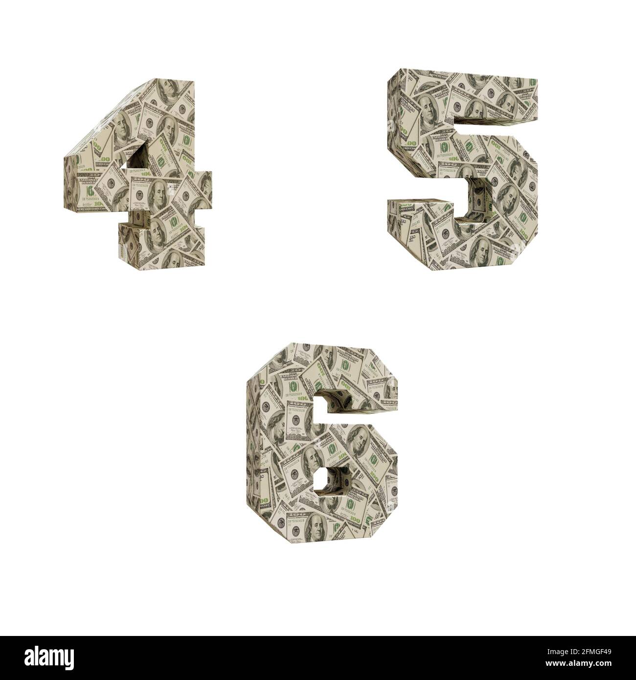 3D-Darstellung von Großbuchstaben Alphabet umwickelt mit 100 USD-Banknoten, Ziffern 4-6 Stockfoto