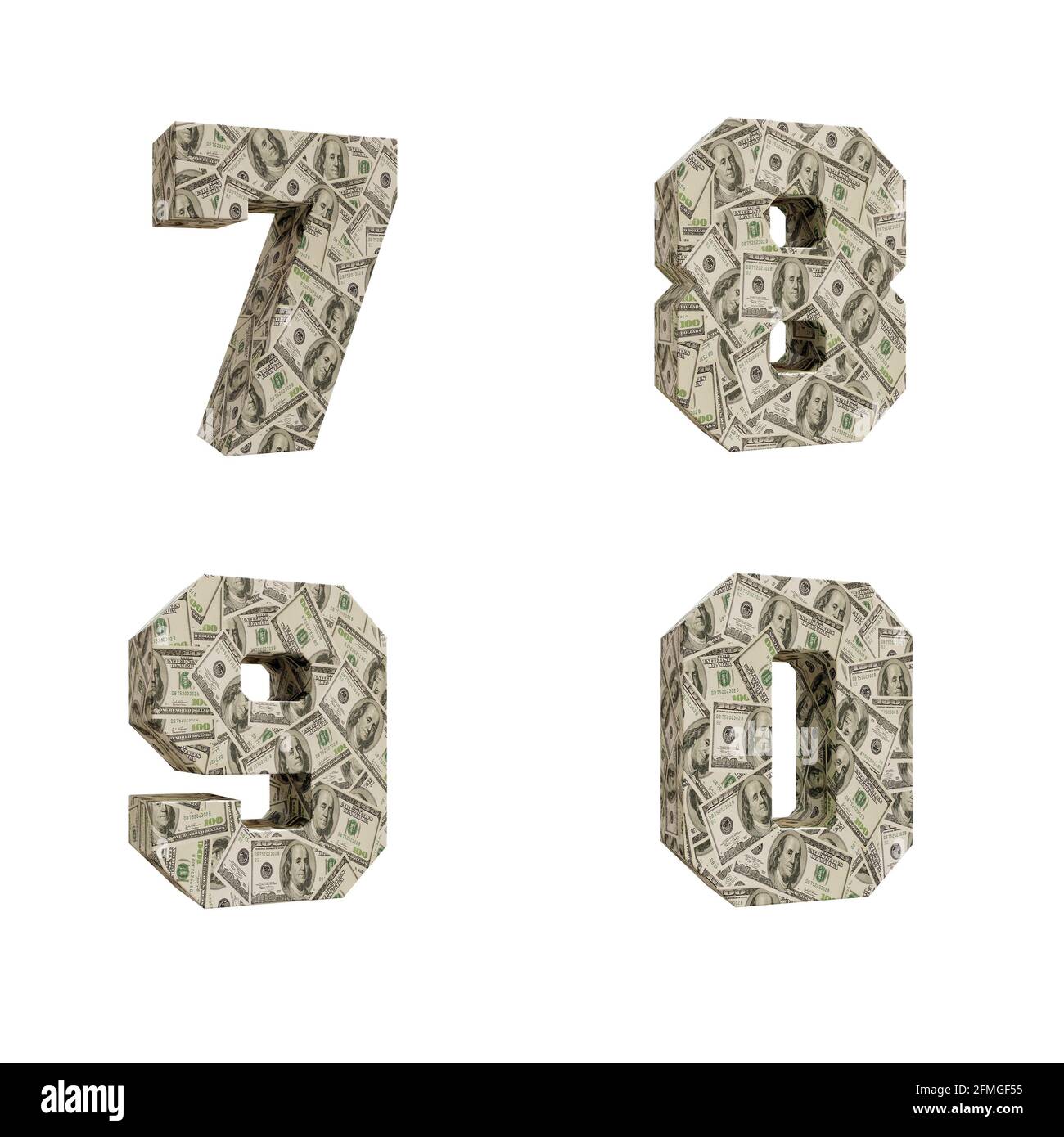 3D-Darstellung von Großbuchstaben Alphabet umwickelt mit 100 USD-Banknoten, Ziffern 7-0 Stockfoto